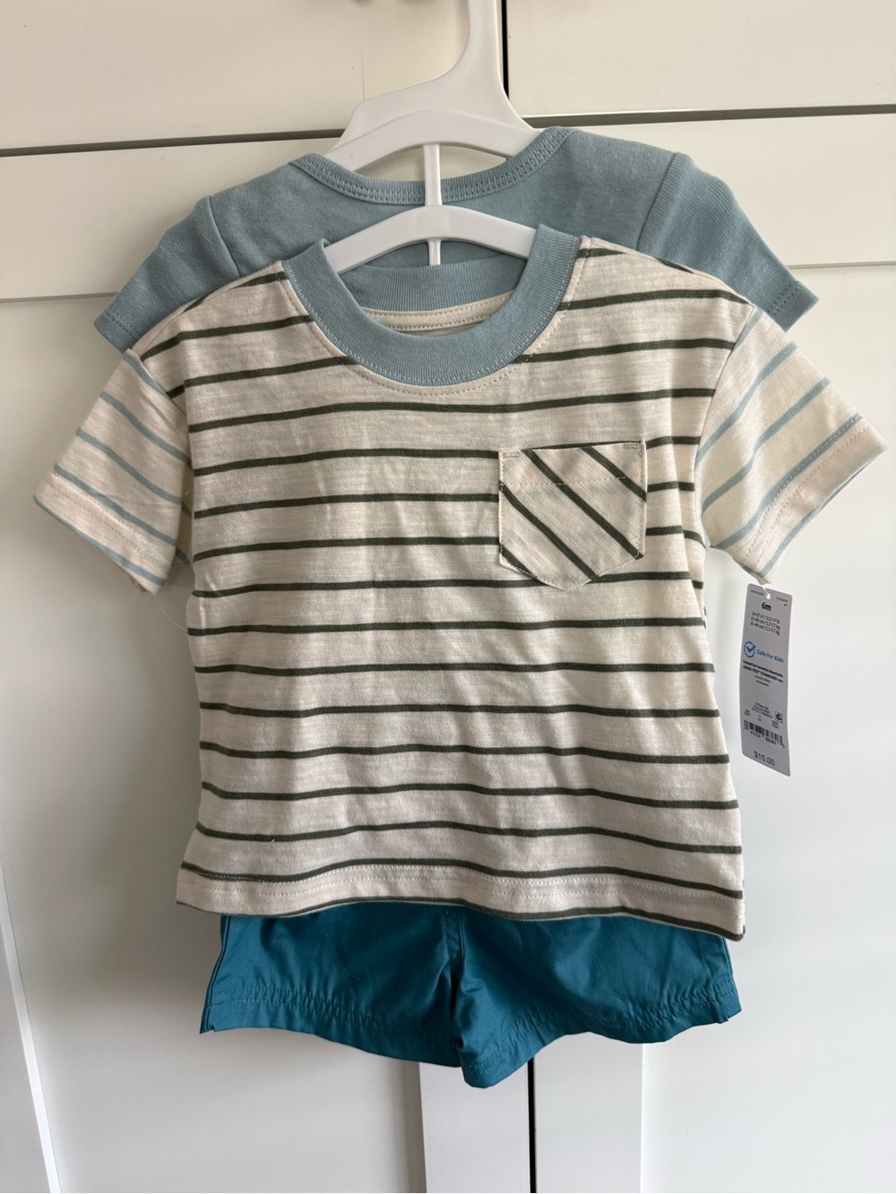 Carter's Cream Tee with Blue Trim and Olive Stripes